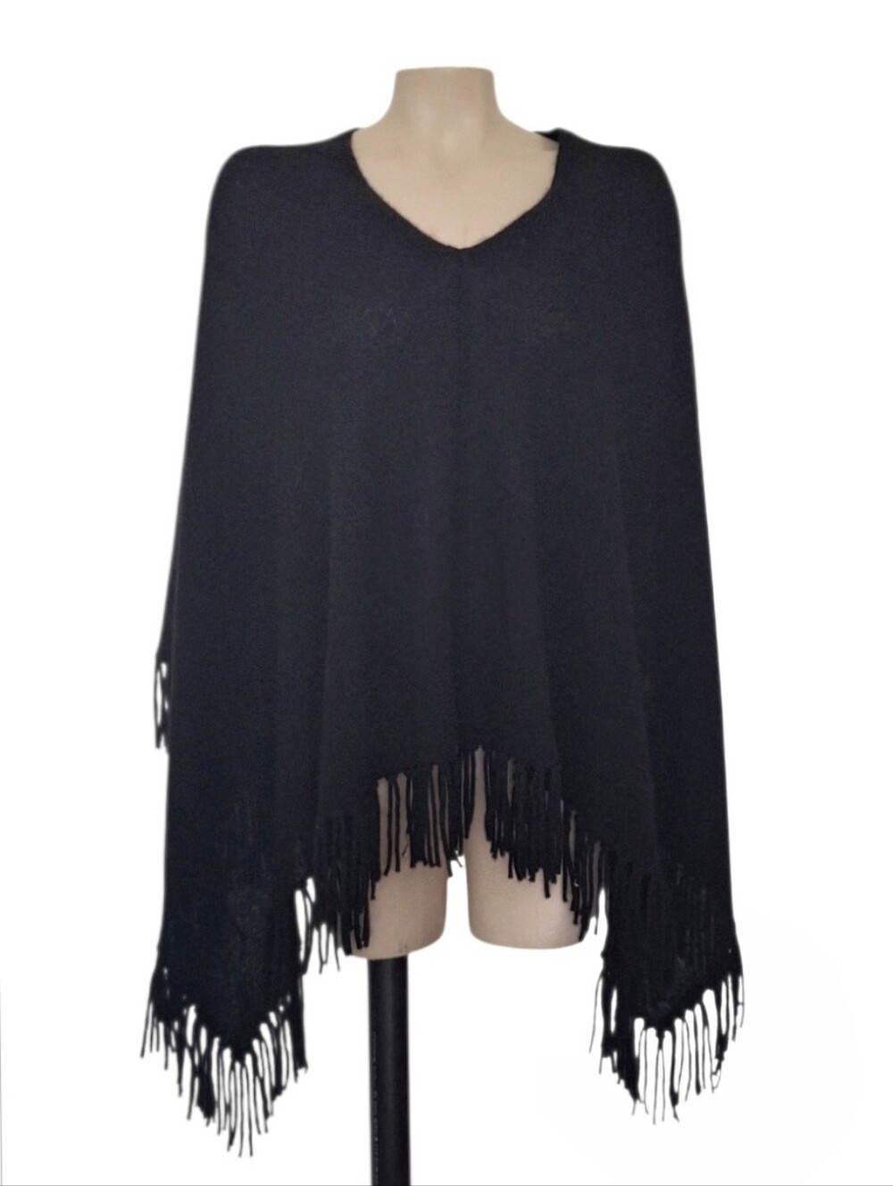 Minnie Rose 100% Cashmere Black Fringe Poncho One Size